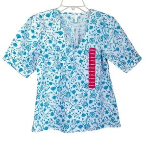 Draper James V Neck Puff Short Sleeve Top Blouse Womens XS Blue Floral Print